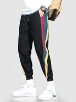Color Spliced Corduroy Drawstring Jogger Pants L Black