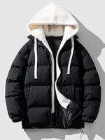 Color Spliced Fluffy Hooded Quilted Padded Jacket L Black