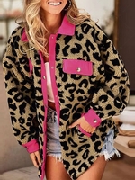 Color Spliced Leopard Print Fuzzy Faux Shearling Jacket L Light pink