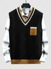 Color Spliced Mock Pocket Design Sweater Vest L Black