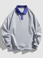 Color Spliced Polo Collar Sweatshirt L Gray
