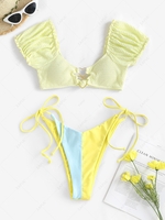 Colorblock Puff Sleeve Heart Rings Bikini Swimwear Light yellow