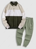 Colorblock Quater Button Corduroy Sweatshirt and Jogger Cargo Pants Set Light green