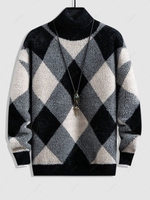 Colorblock Rhombus Pattern Knitted Turtleneck Sweater L Black