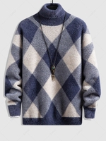 Colorblock Rhombus Pattern Knitted Turtleneck Sweater S Blue ivy