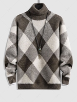 Colorblock Rhombus Pattern Knitted Turtleneck Sweater S Deep coffee