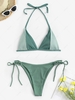 Colorblock Ribbed Braided Strap Cheeky Bikini Swimwear Green