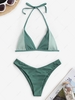Colorblock Ribbed Halter High Leg Bikini Swimwear Deep green