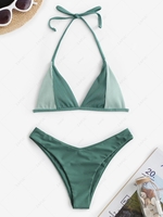 Colorblock Ribbed Halter High Leg Bikini Swimwear Deep green