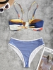 Colorblock Ribbed Tie Contrast Binding Bikini Swimwear Light blue
