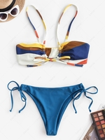 Colorblock Ribbed Tie Side Tanga Bikini Swimwear Blue