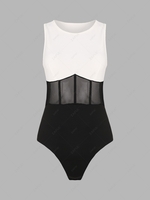 Colorblock Sleeveless Sheer Mesh Bodysuit L Black
