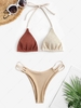 Colorblock Smocked Ribbed Strappy Bikini Swimwear Light coffee