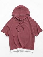 Colorblock Spliced Short Sleeve Hooded T-shirt Xl Chestnut red