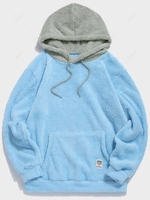Colorblock Splicing Drawstring Fluffy Fleece Hoodie 2xl Light sky blue