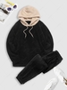 Colorblock Splicing Drawstring Fluffy Fleece Hoodie and Teddy Beam Feet Pants Set Outfit Black