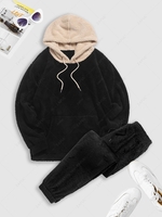 Colorblock Splicing Drawstring Fluffy Fleece Hoodie and Teddy Beam Feet Pants Set Outfit Black