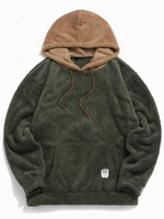 Colorblock Splicing Drawstring Fluffy Fleece Hoodie S Army green