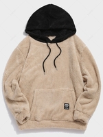 Colorblock Splicing Drawstring Fluffy Fleece Hoodie Xl Light khaki