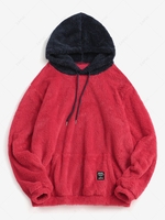Colorblock Splicing Drawstring Fluffy Fleece Hoodie Xl Valentine red