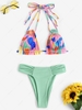 Colorblock Strappy Frilled High Leg Ruched Bikini Swimwear Multi a