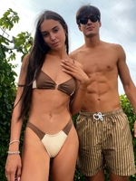 Colorblock Striped Matching Couple Swimwear Deep coffee