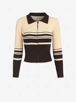 Colorblock Stripes Full Zip Collared Cardigan L Deep coffee