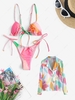 Colorblock Tied String Bikini with Painting Drop Shoulder Pocket Shirt Light pink
