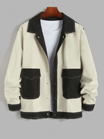 Colorblock Topstitching Flap Pockets Cargo Jacket L Light coffee