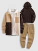 Colorblock Woolen Jacket Fleece Lined Hoodie Jogger Cargo Pants 3PC Winter Streetwear Outfits Coffee
