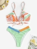 Colorblock Wrap Crossover Ribbed High Cut Cheeky Bikini Set Multi d