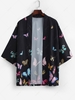 Colored Butterfly Allover Print Kimono Cardigan L Black