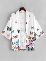 Colored Butterfly Allover Print Kimono Cardigan L White