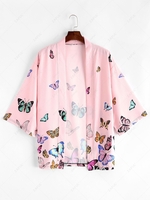 Colored Butterfly Allover Print Kimono Cardigan M Pink