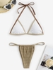 Contrast Piping Textured Loincloth Bikini Swimwear Light coffee