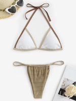 Contrast Piping Textured Loincloth Bikini Swimwear Light coffee