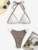 Contrast Piping Textured Strappy High Cut Bikini Swimwear Coffee