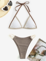 Contrast Piping Textured Strappy High Cut Bikini Swimwear Coffee