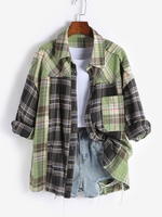 Contrast Plaid Front Pocket Button Down Shirt M Green