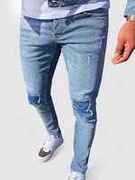 Contrast Ripped Patch Pocket Casual Jeans Xl Blue