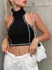 Contrast Stitching Ribbed Open Back Crop Top S Black