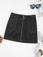 Contrast Stitching Zip Up PU Leather Mini Skirt L Black