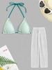 Contrast Strap Crinkle Bikini Top and Drawstring Crochet Straight Beach Pants Light green
