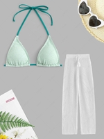 Contrast Strap Crinkle Bikini Top and Drawstring Crochet Straight Beach Pants Light green
