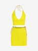 Contrast Strap Halter Midriff Flossing Bodycon Skirt Set L Yellow
