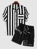 Contrast Stripe Shirt and Letter Print Cargo Shorts Set Black