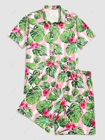Contrast Stripe Tropical Flower Leaf Vacation Shirt And Shorts Set S Light pink