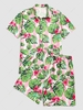 Contrast Stripe Tropical Flower Leaf Vacation Shirt And Shorts Set Xxl Light pink
