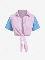 Contrast Striped Button Down Knotted Shirt S Light pink