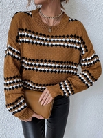 Contrast Striped Drop Shoulder Slouchy Sweater L Coffee